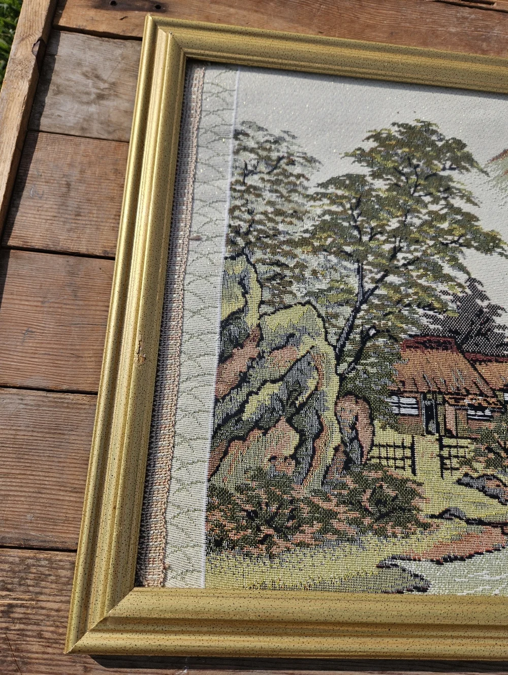 VINTAGE Japanese Tapestry Mt Fuji Landscape Framed Woven Art Garden Scene Japan